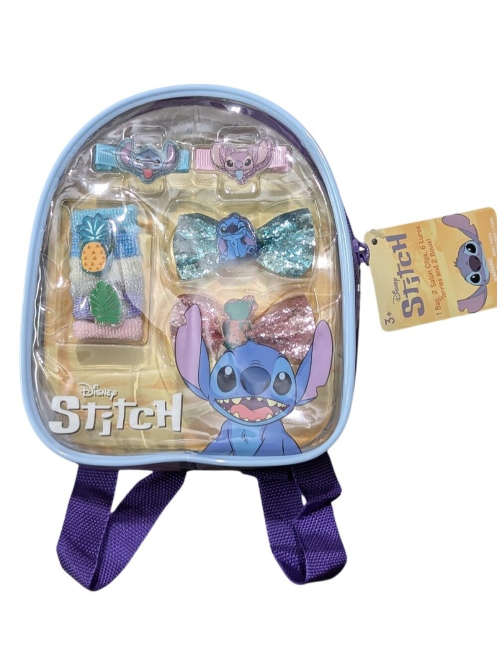 Disney Stitch Clear Mini Backpack with Blue & Purple Accents and Hair Clips